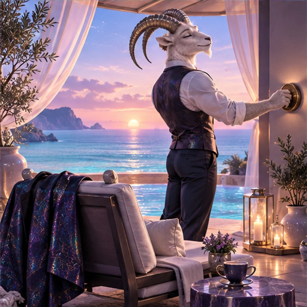 Aster lowers the studio lights beside a calm ocean terrace.