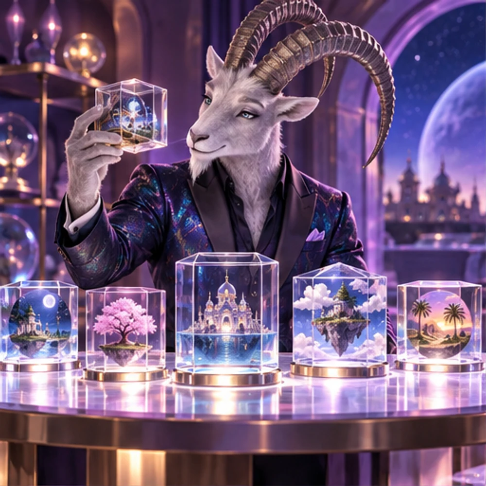 Aster inspects miniature worlds in glass prisms.