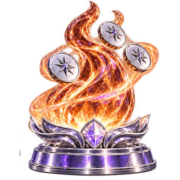 An amber glass flame with fictional star tokens.