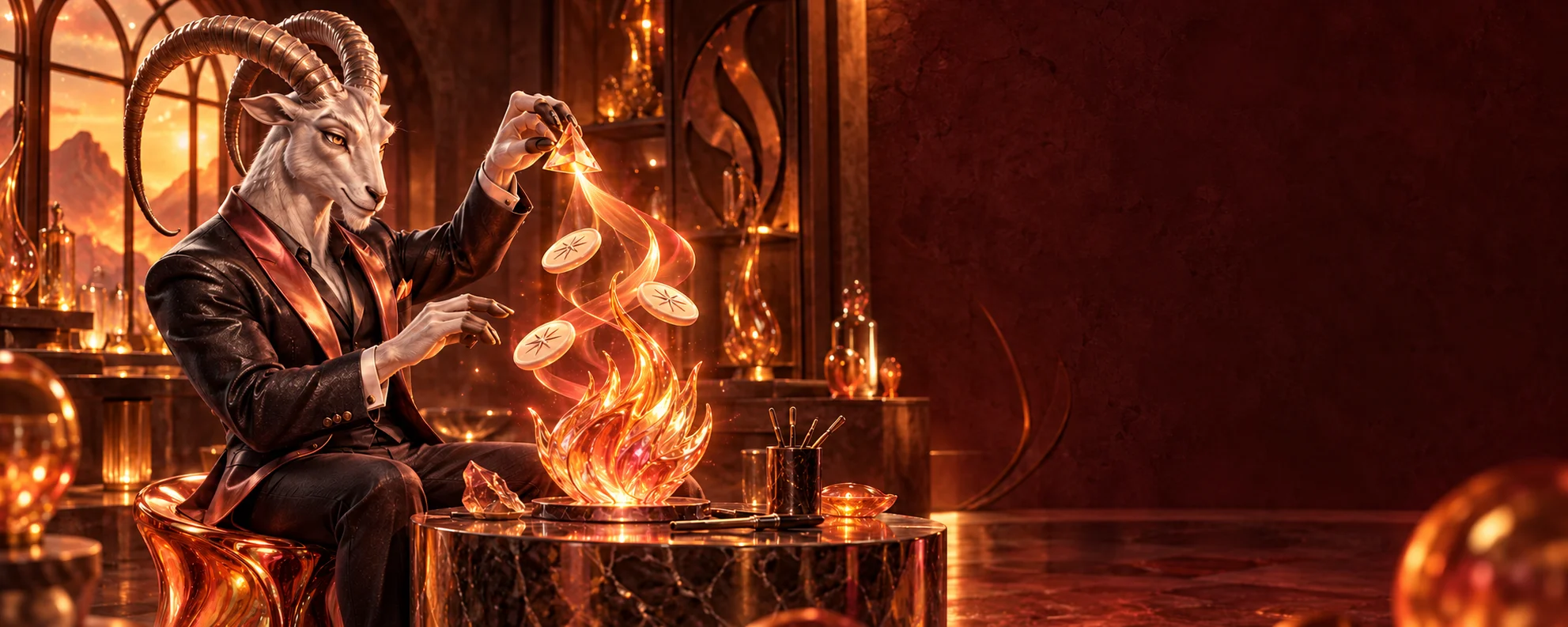 Aster uses an optical prism to shape a luminous glass flame from three fictional play tokens.