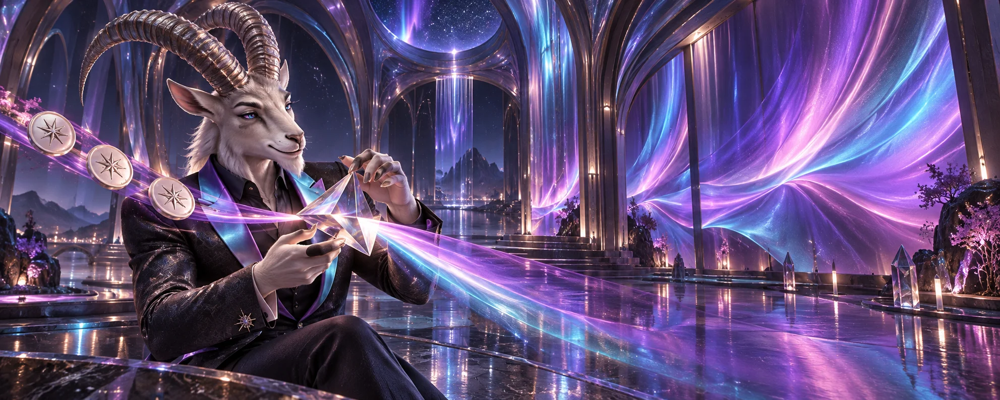 Aster, a silver ibex light artist, refracts fictional play tokens into violet and cyan ribbons in a glass hall.