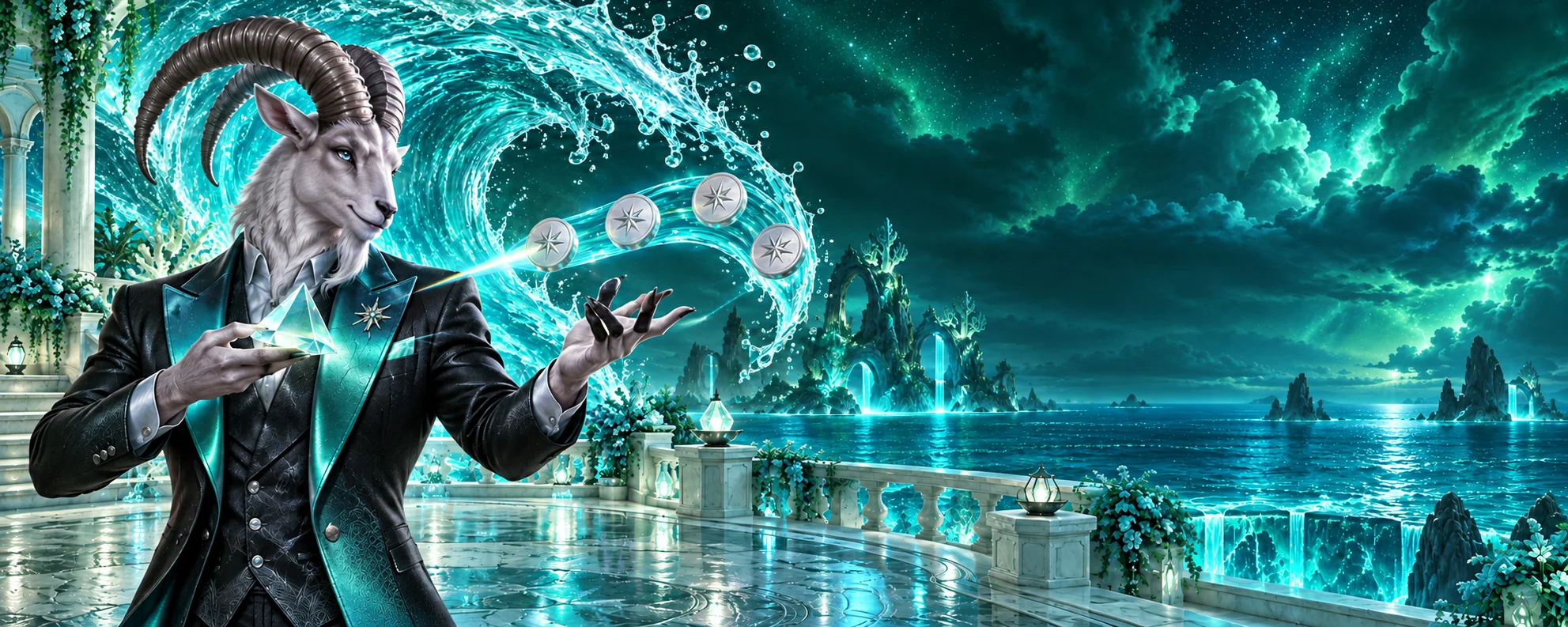 Aster bends patterned play tokens into a liquid-glass wave above a luminous ocean terrace.