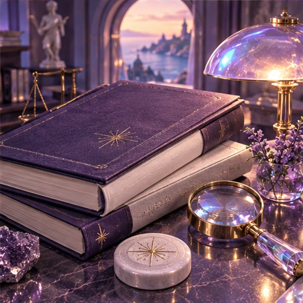 An opalescent archive of bound club documents and a glass lens.